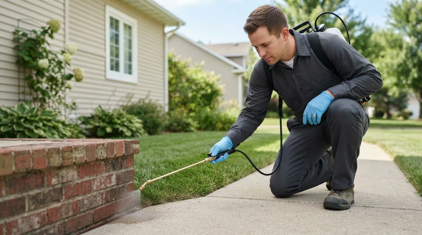 Pest control technician treating a home near Avon Lake, OH