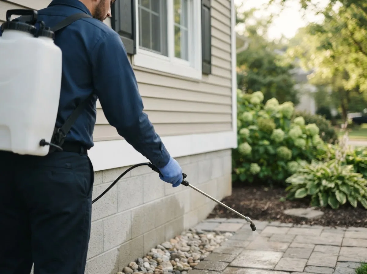 Pest control technician inspecting a home in Avon Lake, OH